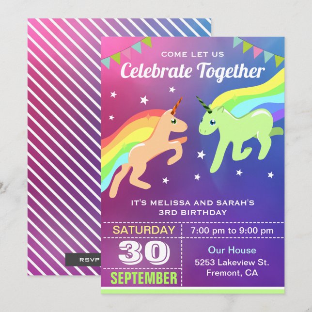 Cute Unicorn Twins Anniversaire Fête Invitation (Devant / Derrière)