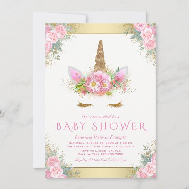 Cute Unicorn Visage Rose Baby shower Or Invitation (Devant)