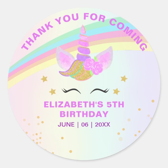Cute Unicorn with Magic Rainbow Birthday Girl Runder Aufkleber (Vorderseite)