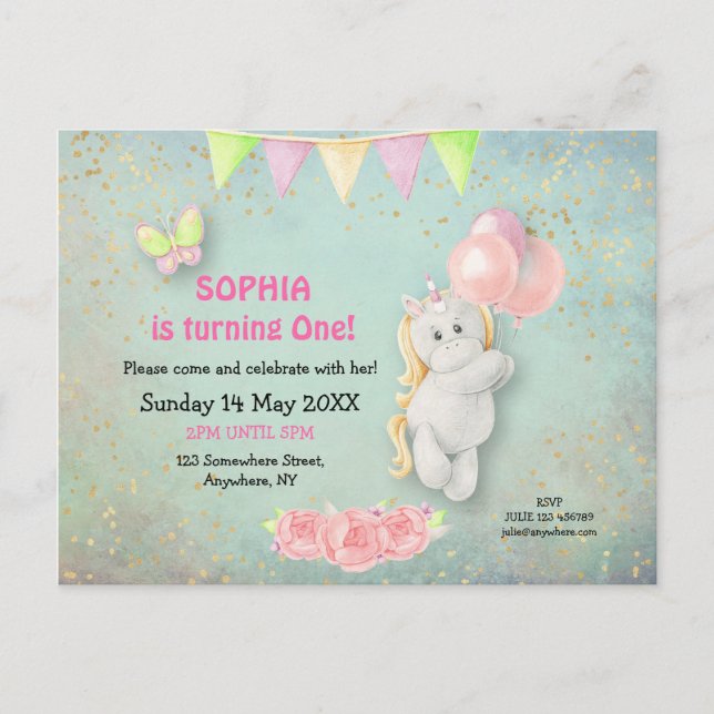 Cute Unicorne/Ballons Invitation d'anniversaire pr (Devant)