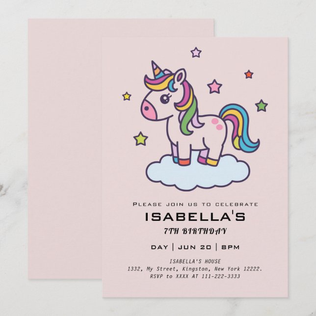 Cute Unicorns Invitation de fête d'anniversaire (Devant / Derrière)