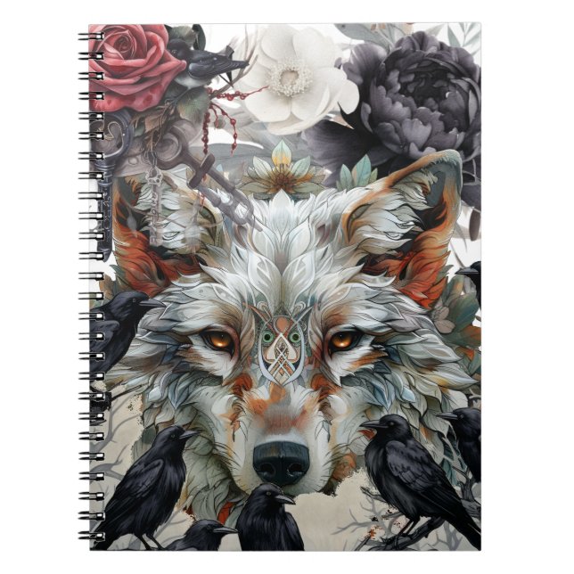 Cute Unique Boho Wolf Raven & Florals Notebook Notizblock (Vorderseite)