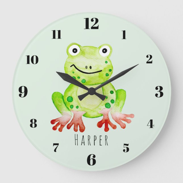 Cute Unisex Watercolor Jungle Green Frog Nursery Große Wanduhr (Vorderseite)
