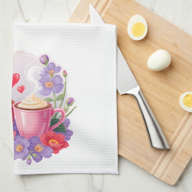 Cute Valentine Cocoa Mugs with Flowers & Hearts Geschirrtuch (Viertel Falte)