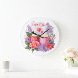 Cute Valentine Cocoa Mugs with Flowers & Hearts Große Wanduhr