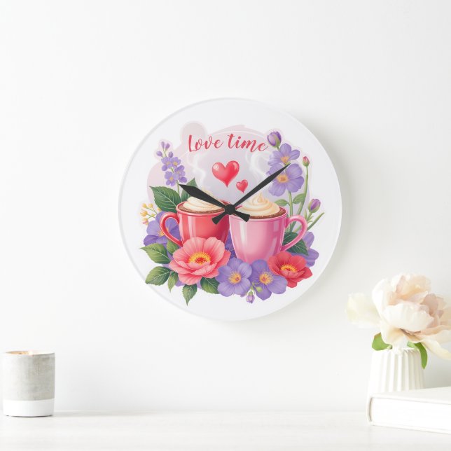 Cute Valentine Cocoa Mugs with Flowers & Hearts Große Wanduhr (Zuhause)