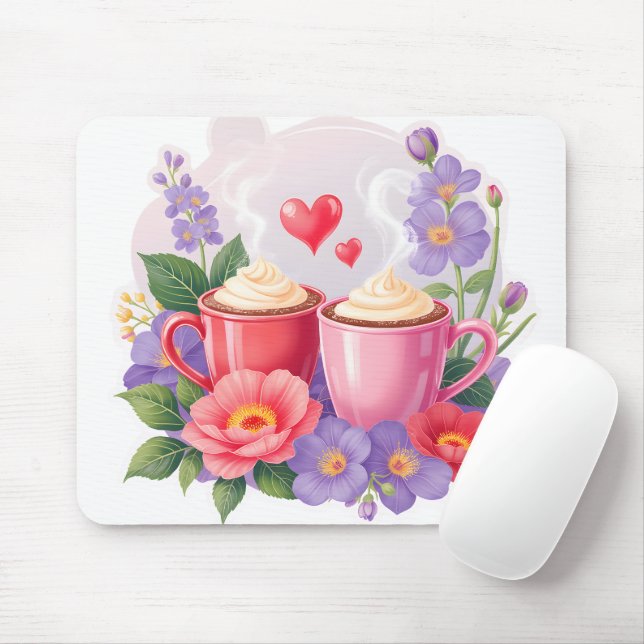 Cute Valentine Cocoa Mugs with Flowers & Hearts Mousepad (Mit Mouse)