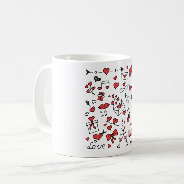 Cute Valentine Day Doodle Love Design on White Mug Kaffeetasse (Vorderseite Links)