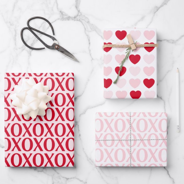 Cute Valentine Day XOXO Red And Pink Geschenkpapier Set (Vorderseite)