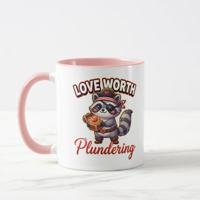 Cute Valentine Raccoon Pirate-Love Worth Plunderin Tasse (Links)