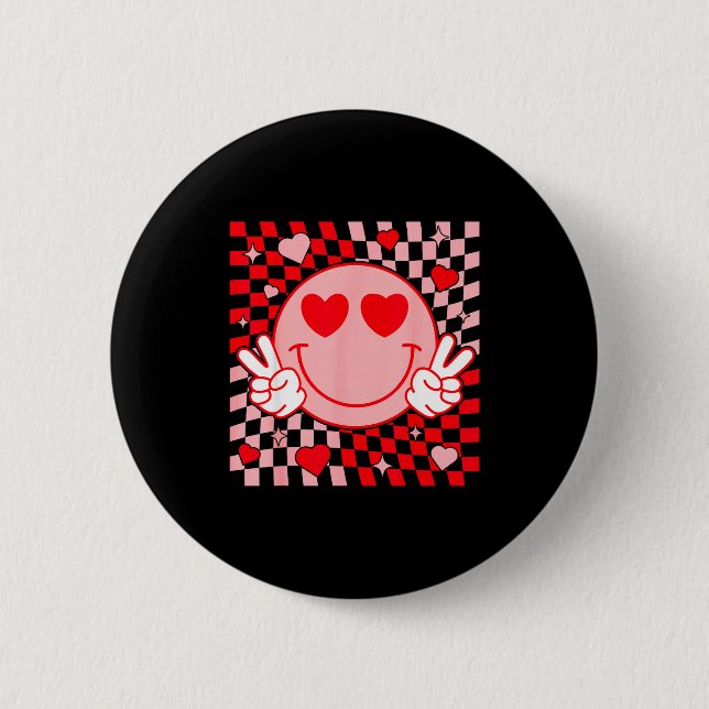 Cute Valentine Smile Face Smiling Checkered Patter Button (Vorderseite)