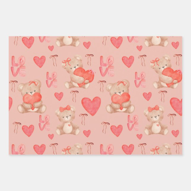 Cute Valentines Brown Teddy Bear Seamless Pattern Geschenkpapier Set (Vorderseite)