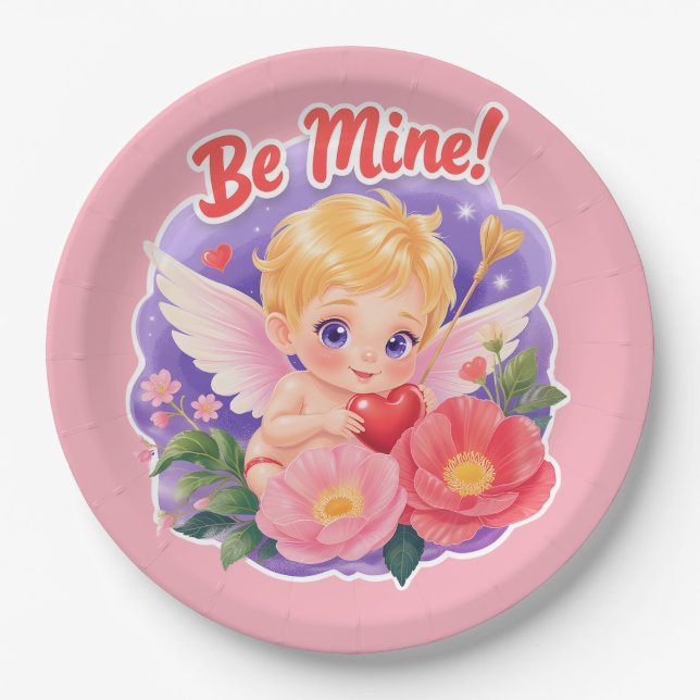 Cute Valentine's Day Cupid with "Be Mine" Pappteller (Vorderseite)