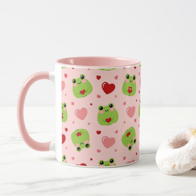 Cute Valentine's Frogs Pink Coffee Mug (Avec donut)