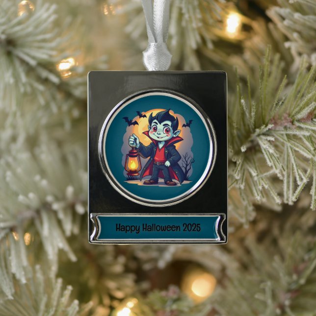 Cute Vampire with Lantern Kawaii Halloween Banner-Ornament Silber (Baum)