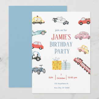 Cute Vehicle Theme Kids Party Invite Einladung