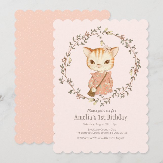 Cute Vintage Filles Chat Invitation Anniversaire (Devant / Derrière)
