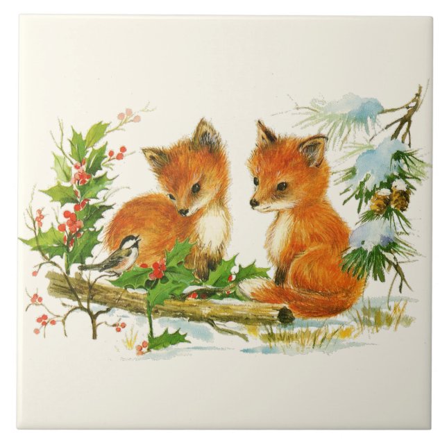 Cute Vintage Foxes Retro Christmas Fliese (Vorderseite)