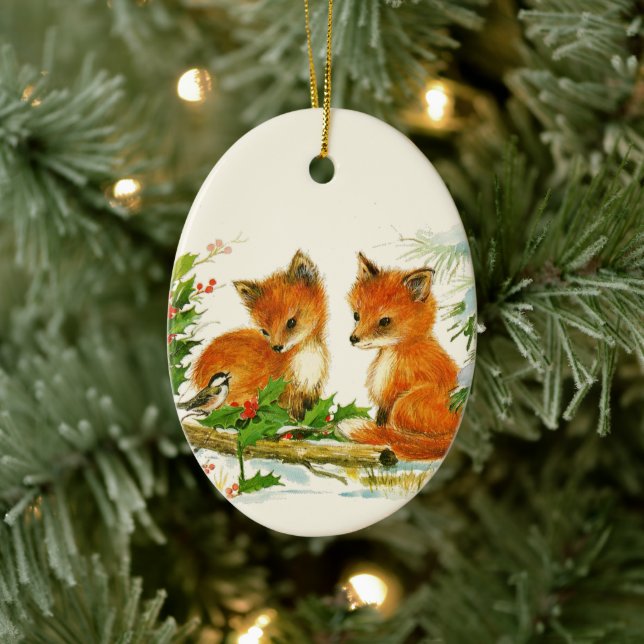 Cute Vintage Foxes Retro Christmas Keramik Ornament (Baum)