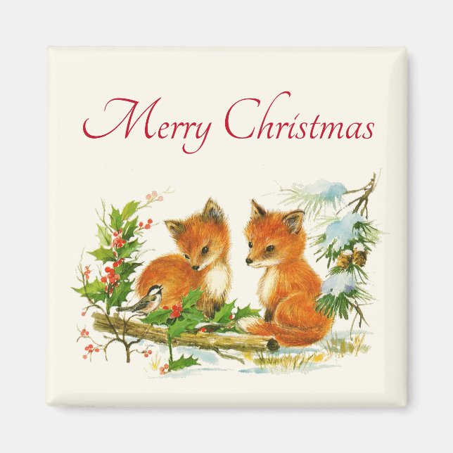 Cute Vintage Foxes Retro Christmas Magnet (Vorne)