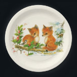 Cute Vintage Foxes Retro Christmas Pappteller<br><div class="desc">Papier Teller mit einem schönen zeichn eines Fuchkopfes mit einem freundlichen Vogel in der Nähe. Umgeben von Pinienbäumen und anderen Winterpflanzen.</div>