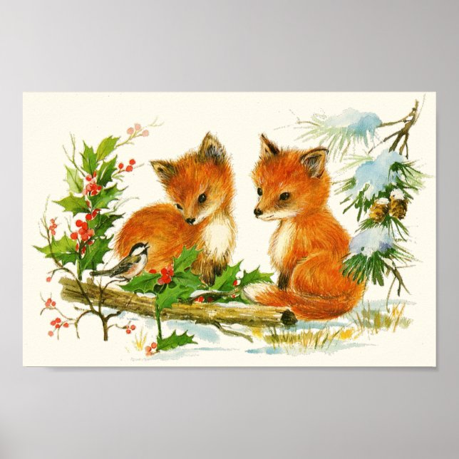Cute Vintage Foxes Retro Christmas Poster (Vorne)
