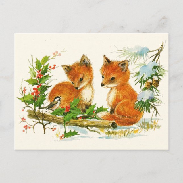 Cute Vintage Foxes Retro Christmas Postkarte (Vorderseite)
