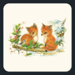 Cute Vintage Foxes Retro Christmas Quadratischer Aufkleber<br><div class="desc">Sticker mit einem schönen zeichn eines Füchses mit einem freundlichen Vogel in der Nähe. Umgeben von Pinienbäumen und anderen Winterpflanzen.</div>