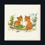 Cute Vintage Foxes Retro Christmas Scene Magnet<br><div class="desc">A magnet with a delightful drawing of a pair of foxes with a friendly bird nearby. Surrounded by holly and pine cones and other winter foliage.</div>