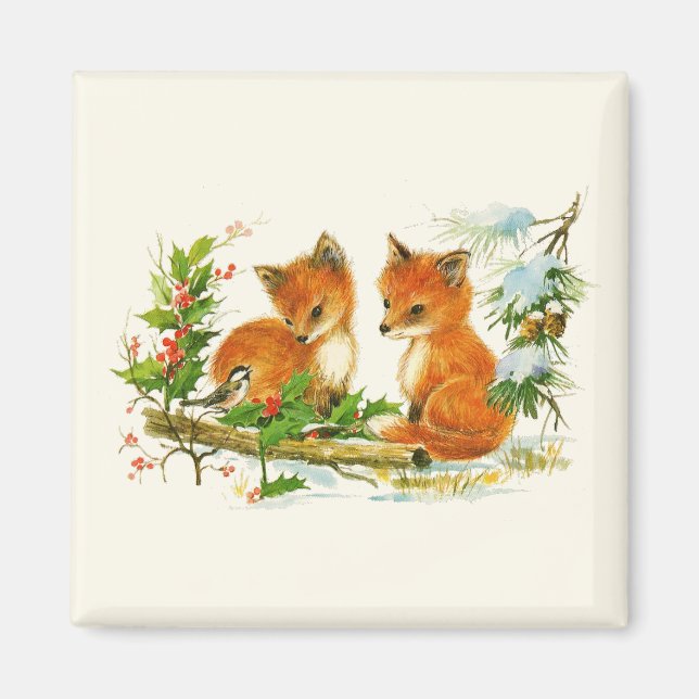 Cute Vintage Foxes Retro Christmas Scene Magnet (Vorne)