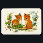 Cute Vintage Foxes Retro Christmas Scene Magnet<br><div class="desc">A flexible magnet with a delightful drawing of a pair of foxes with a friendly bird nearby. Surrounded by holly and pine cones and other winter foliage.</div>
