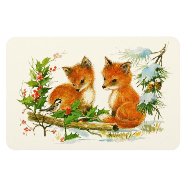 Cute Vintage Foxes Retro Christmas Scene Magnet (Horizontal)
