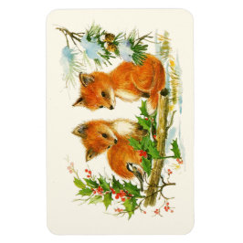 Cute Vintage Foxes Retro Christmas Scene Magnet