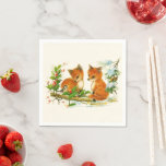 Cute Vintage Foxes Retro Christmas Serviette<br><div class="desc">Papierservietten mit einem köstlichen zeichn eines Füchses und einem freundlichen Vogel in der Nähe. Umgeben von Pinienbäumen und anderen Winterpflanzen.</div>