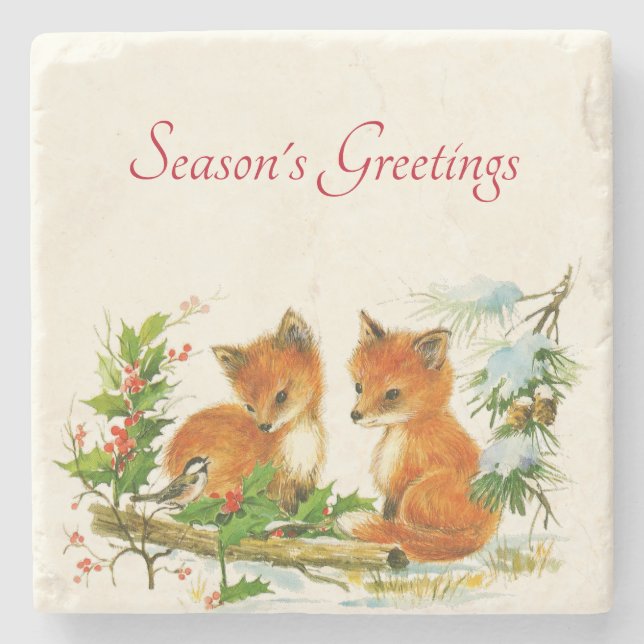 Cute Vintage Foxes Retro Christmas Steinuntersetzer (Vorderseite)