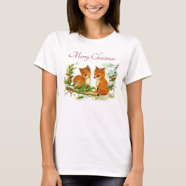 Cute Vintage Foxes Retro Christmas T-Shirt (Vorderseite)
