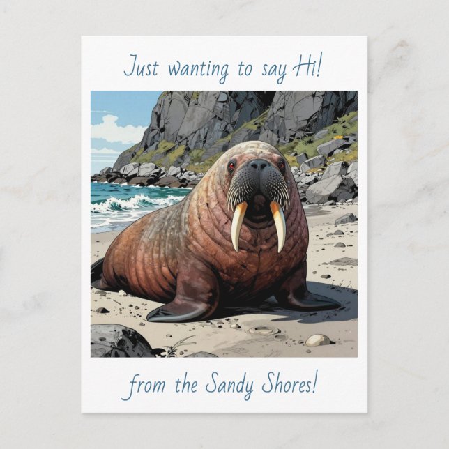 Cute Walrus on a Sandy Beach | Saying Hello Postkarte (Vorderseite)