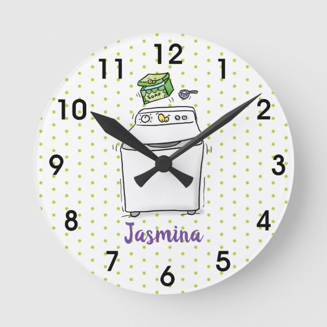 Cute washing machine laundry cartoon illustration runde wanduhr (Vorderseite)