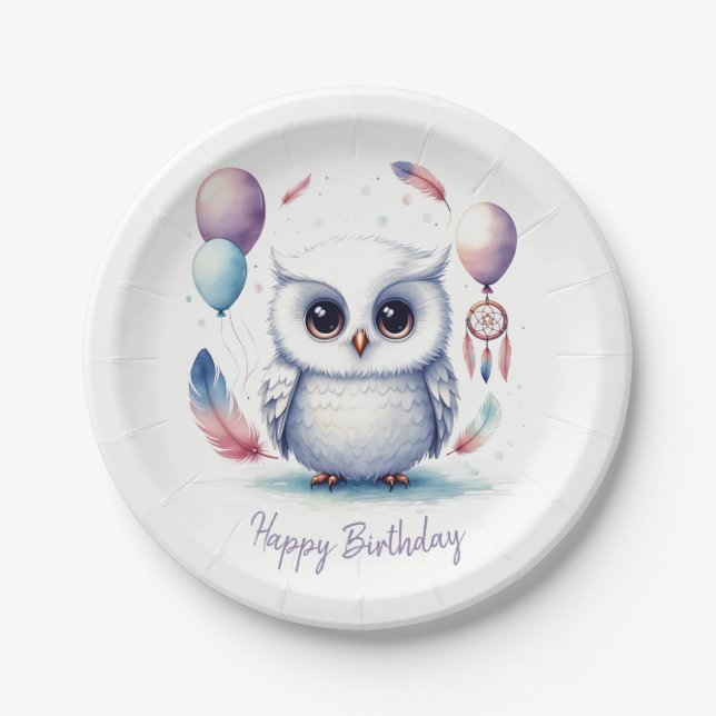 Cute Watercolor Baby Owl Balloons Birthday  Pappteller (Vorderseite)