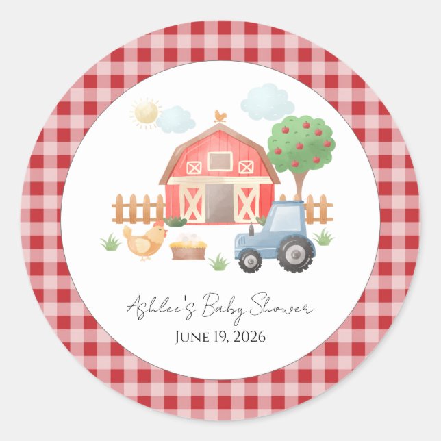 Cute Watercolor Barn Farm Animals Baby Shower Runder Aufkleber (Vorderseite)
