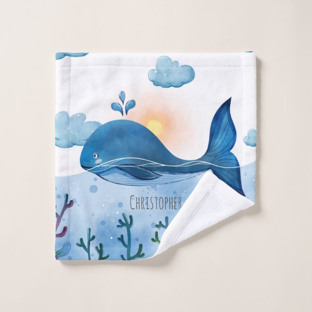 Cute Watercolor Blue Whale & Ocean Baby  (Gant de toilette)