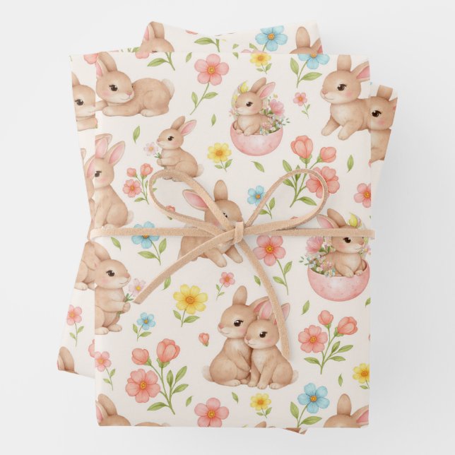 Cute Watercolor Bunnies & Flowers Pattern Geschenkpapier Set (Beispiel)