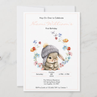 Cute Watercolor Bunny 1st Birthday Invitation Einladung