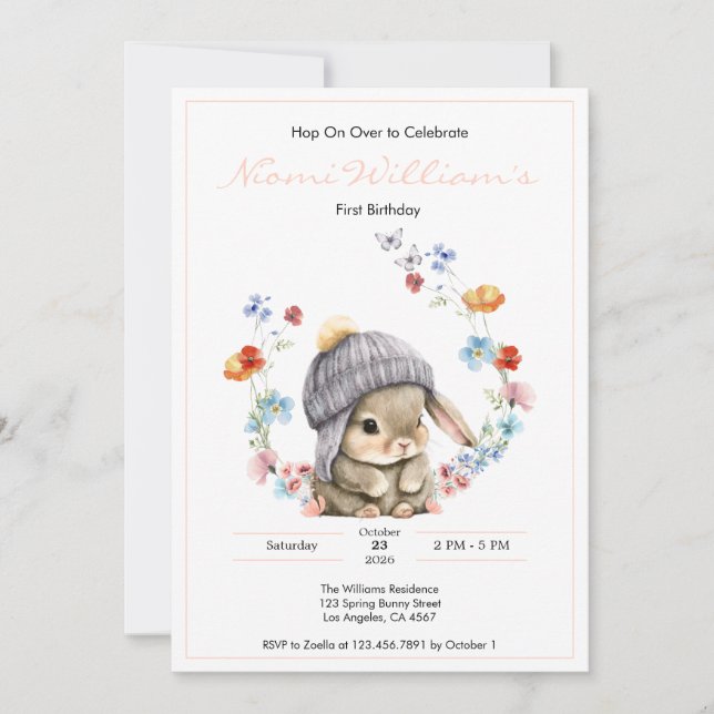 Cute Watercolor Bunny 1st Birthday Invitation Einladung (Vorderseite)