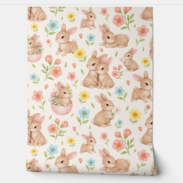 Cute Watercolor Bunny & Floral Spring Pattern Tapete (Abrollen)