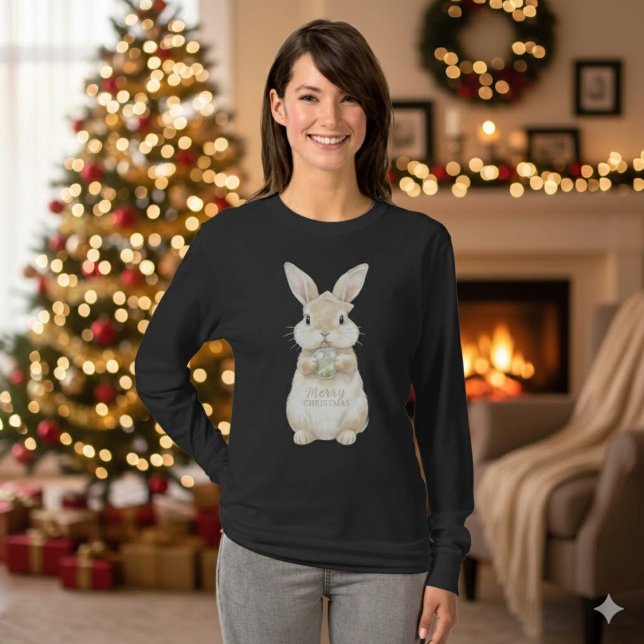 Cute Watercolor Bunny Merry Christmas T-Shirt (Créateur téléchargé)