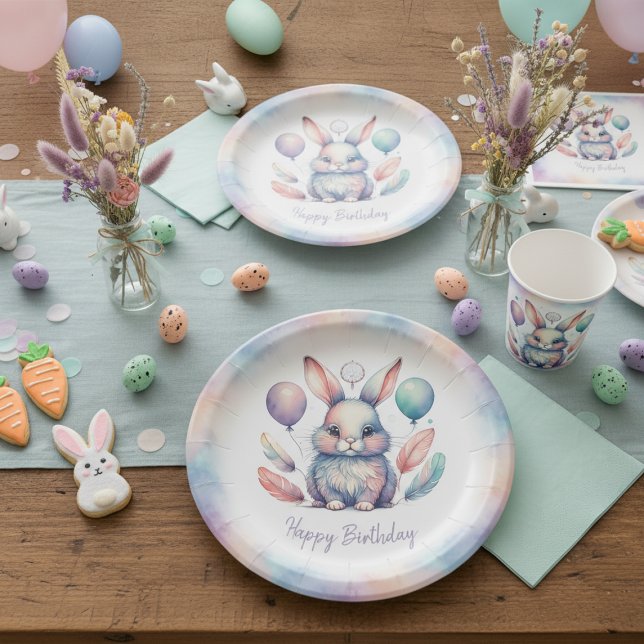 Cute Watercolor Bunny Rabbit Balloons Birthday  Pappteller (Cute Watercolor Bunny Rabbit Balloons Birthday Paper Plates)