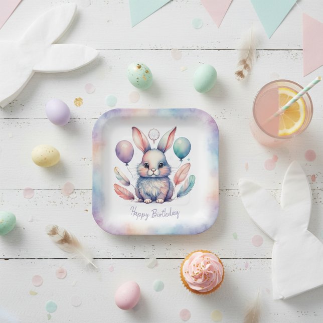 Cute Watercolor Bunny Rabbit Balloons Birthday  Pappteller (Cute Watercolor Bunny Rabbit Balloons Birthday Paper Plates)