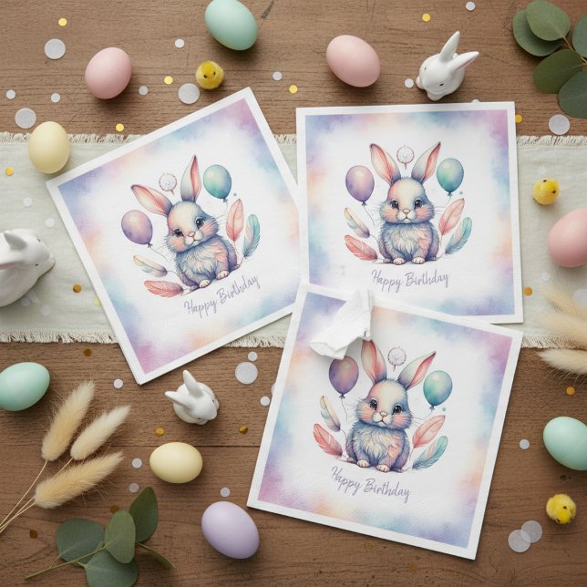 Cute Watercolor Bunny Rabbit Balloons Birthday  Serviette (Cute Watercolor Bunny Rabbit Balloons Birthday Napkins)