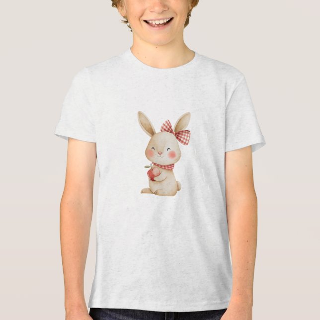 Cute Watercolor Bunny with Apple Illustration Tri-Blend Shirt (Vorderseite)